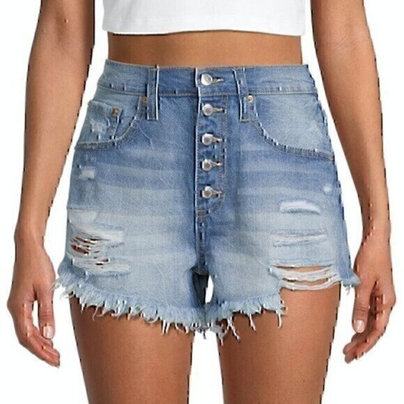 NEW NWT BLUE SPICE High Waist A-Line Short Denim Distressed Ripped Button Fly 3 - Picture 1 of 12